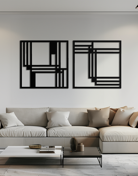 Modern Soyut Dikdörtgenler Metal Duvar Sanatı – Geometrik Minimalist Siyah Çelik Dekor, Çağdaş İç Mekanlar İçin 2 Panel Seti - KAF433
