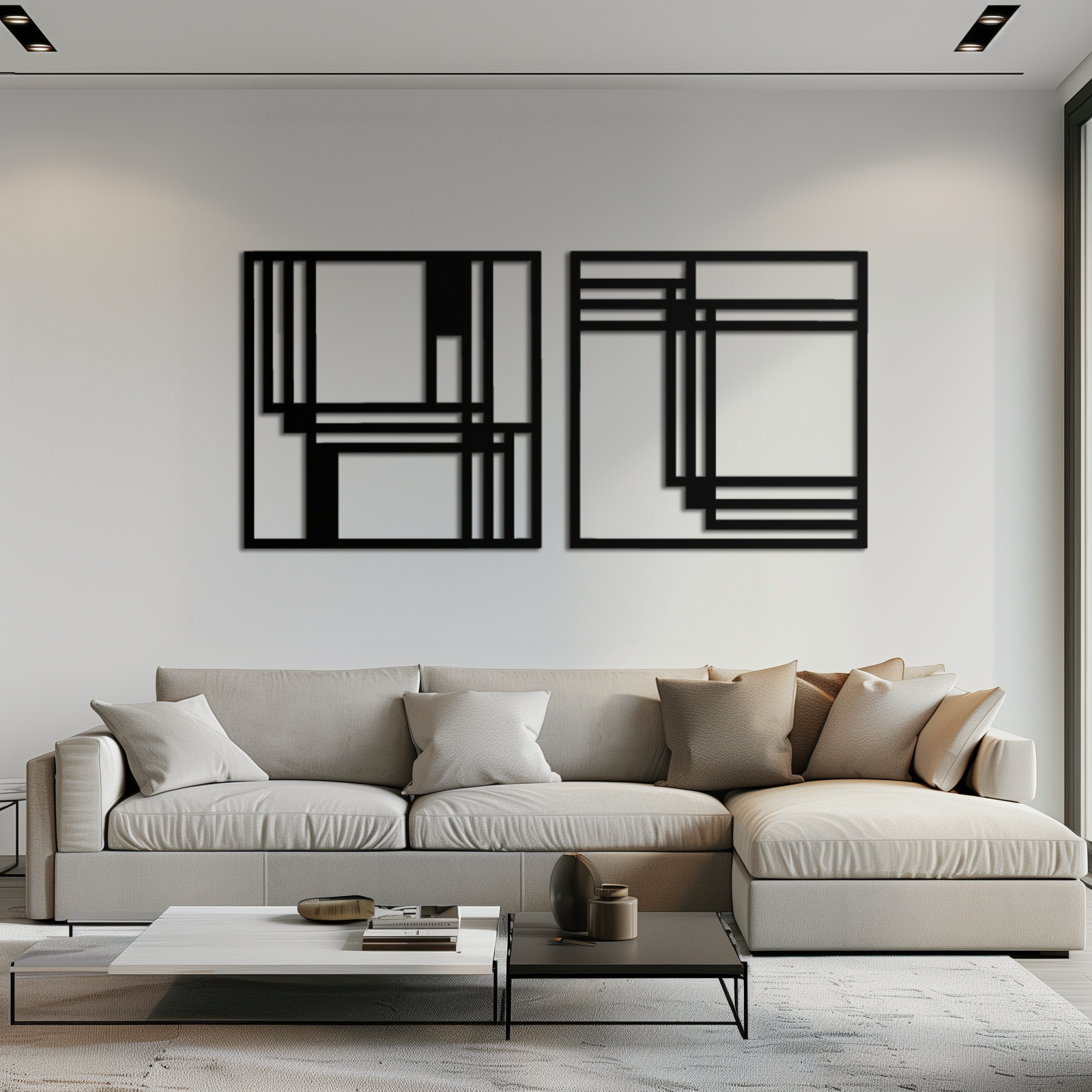 Modern Abstract Rectangles Metal Wall Art – Geometric Minimalist Black Steel Decor, 2 Panel Set for Contemporary Interiors- KAF433
