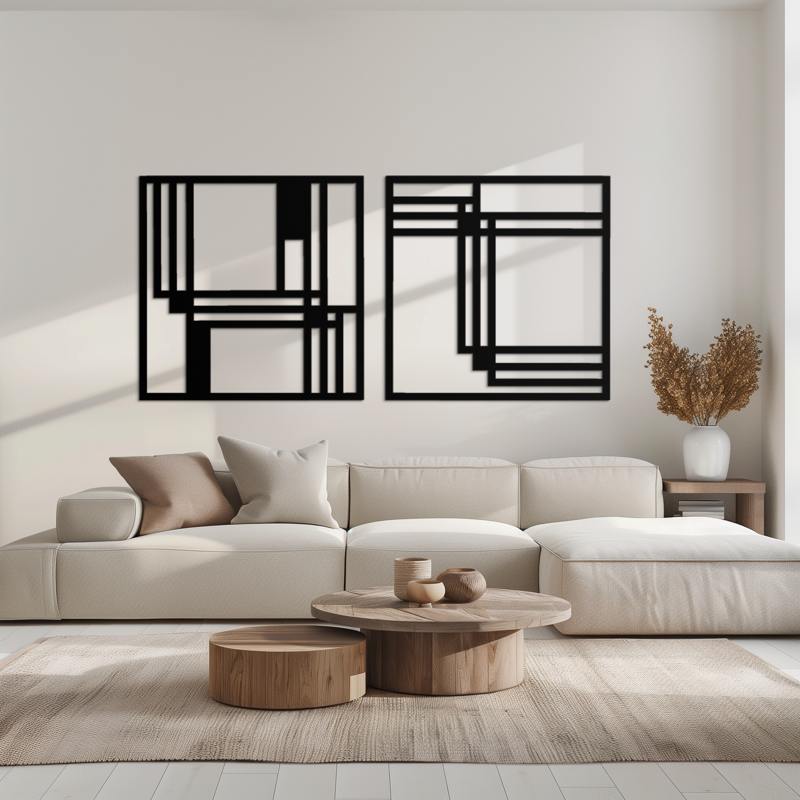 Modern Abstract Rectangles Metal Wall Art – Geometric Minimalist Black Steel Decor, 2 Panel Set for Contemporary Interiors- KAF433