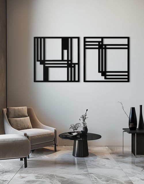 Load image into Gallery viewer, Modern Abstract Rectangles Metal Wall Art – Geometric Minimalist Black Steel Decor, 2 Panel Set for Contemporary Interiors- KAF433
