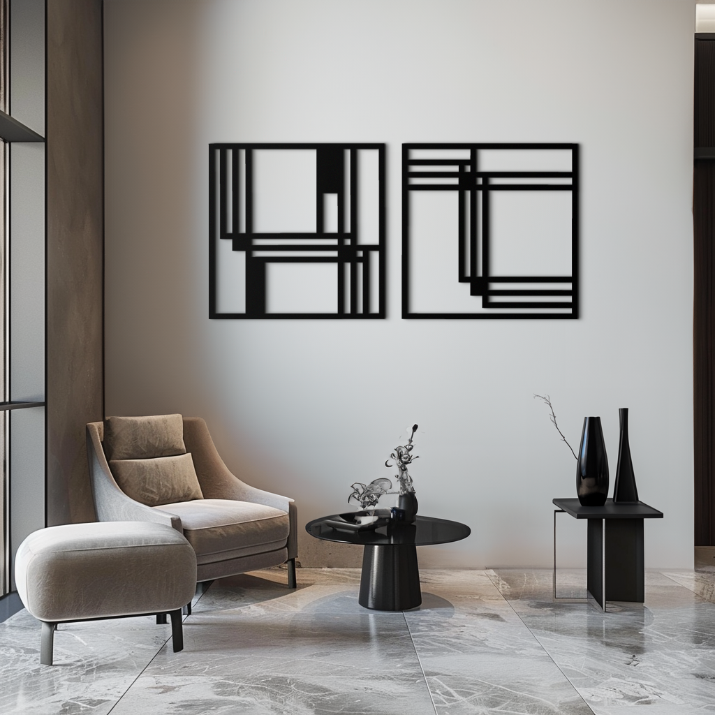 Modern Abstract Rectangles Metal Wall Art – Geometric Minimalist Black Steel Decor, 2 Panel Set for Contemporary Interiors- KAF433