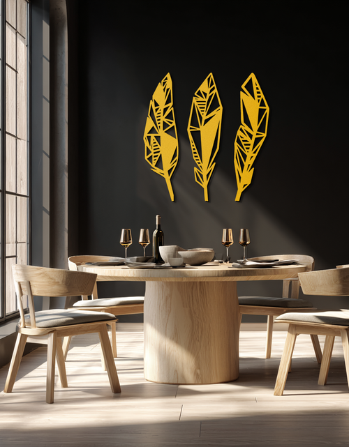 Load image into Gallery viewer, Geometric Feather Trio Metal Wall Art – Abstract Minimalist Black Steel Feather Set for Modern Bohemian Interiors- KAF434
