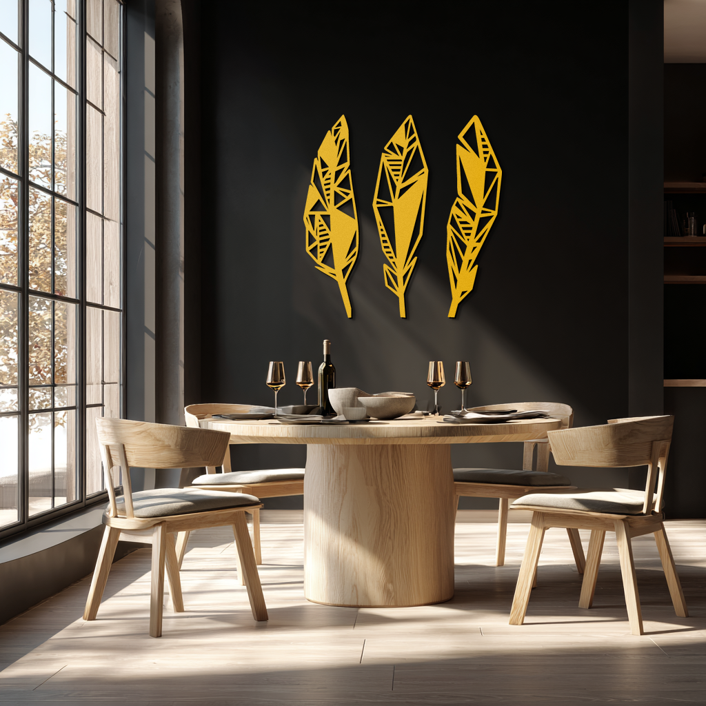 Geometric Feather Trio Metal Wall Art – Abstract Minimalist Black Steel Feather Set for Modern Bohemian Interiors- KAF434