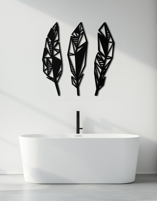 Load image into Gallery viewer, Geometric Feather Trio Metal Wall Art – Abstract Minimalist Black Steel Feather Set for Modern Bohemian Interiors- KAF434
