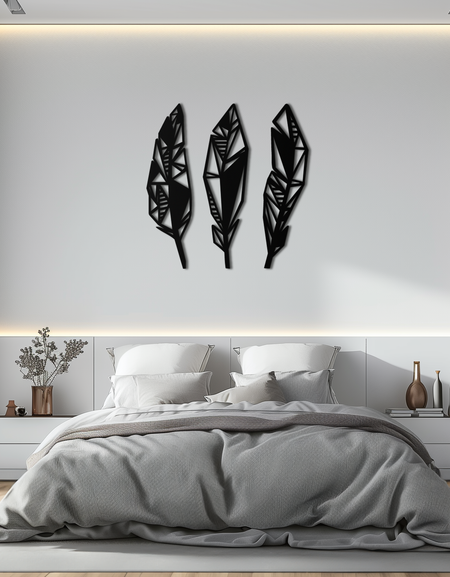 Geometric Feather Trio Metal Wall Art – Abstract Minimalist Black Steel Feather Set for Modern Bohemian Interiors- KAF434