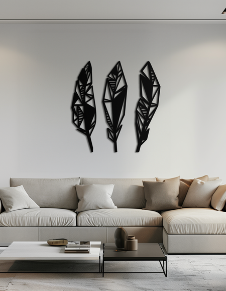Geometric Feather Trio Metal Wall Art – Abstract Minimalist Black Steel Feather Set for Modern Bohemian Interiors- KAF434