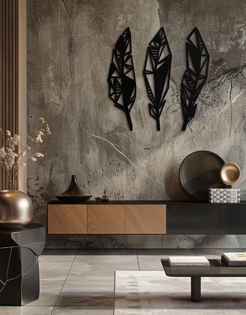 Load image into Gallery viewer, Geometric Feather Trio Metal Wall Art – Abstract Minimalist Black Steel Feather Set for Modern Bohemian Interiors- KAF434
