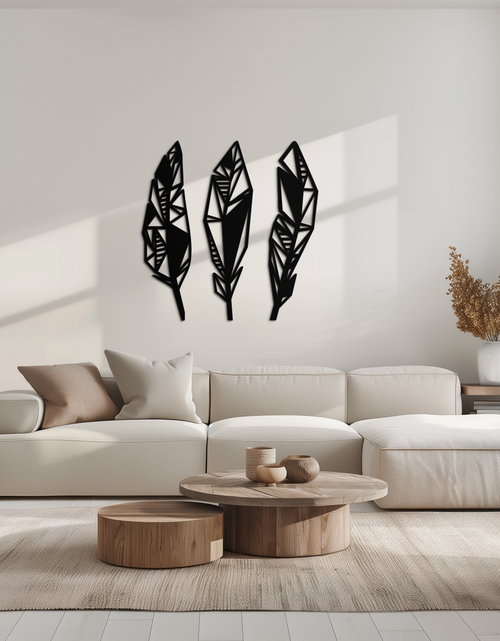 Load image into Gallery viewer, Geometric Feather Trio Metal Wall Art – Abstract Minimalist Black Steel Feather Set for Modern Bohemian Interiors- KAF434
