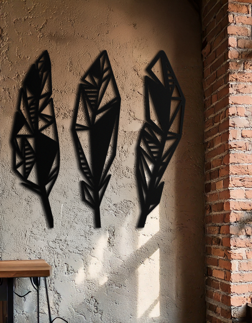 Load image into Gallery viewer, Geometric Feather Trio Metal Wall Art – Abstract Minimalist Black Steel Feather Set for Modern Bohemian Interiors- KAF434
