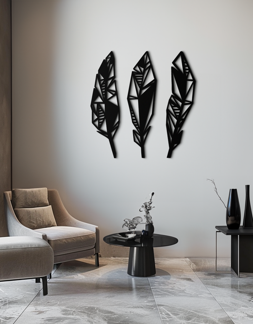 Load image into Gallery viewer, Geometric Feather Trio Metal Wall Art – Abstract Minimalist Black Steel Feather Set for Modern Bohemian Interiors- KAF434
