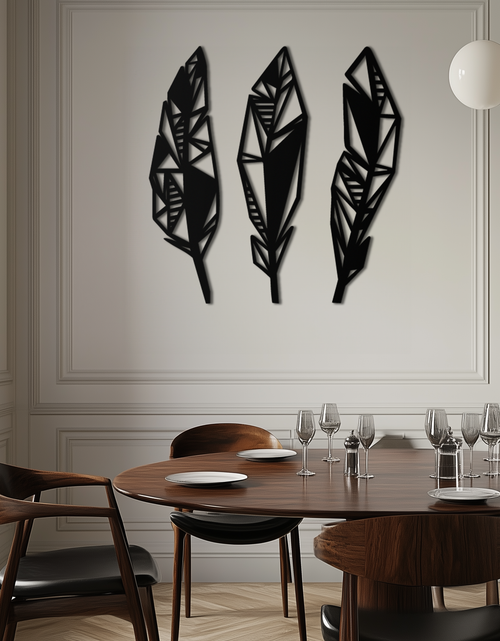 Load image into Gallery viewer, Geometric Feather Trio Metal Wall Art – Abstract Minimalist Black Steel Feather Set for Modern Bohemian Interiors- KAF434
