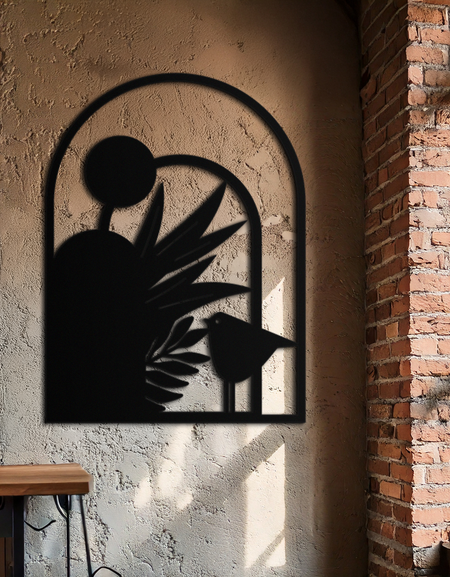 Modern Archway with Bird & Plants Metal Wall Art – Abstract Nature-Inspired Black Steel Decor for Contemporary Interiors- KAF438