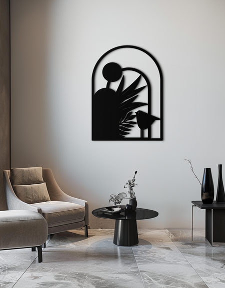 Modern Archway with Bird & Plants Metal Wall Art – Abstract Nature-Inspired Black Steel Decor for Contemporary Interiors- KAF438