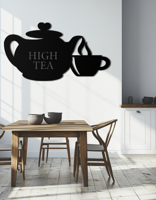 Resmi Galeri görüntüleyicisine yükleyin, High Tea Teapot &amp; Cup Metal Duvar Sanatı – Mutfak, Kafe ve Yemek Alanları için Zarif Siyah Çelik Çay Saati Dekoru - KAF440
