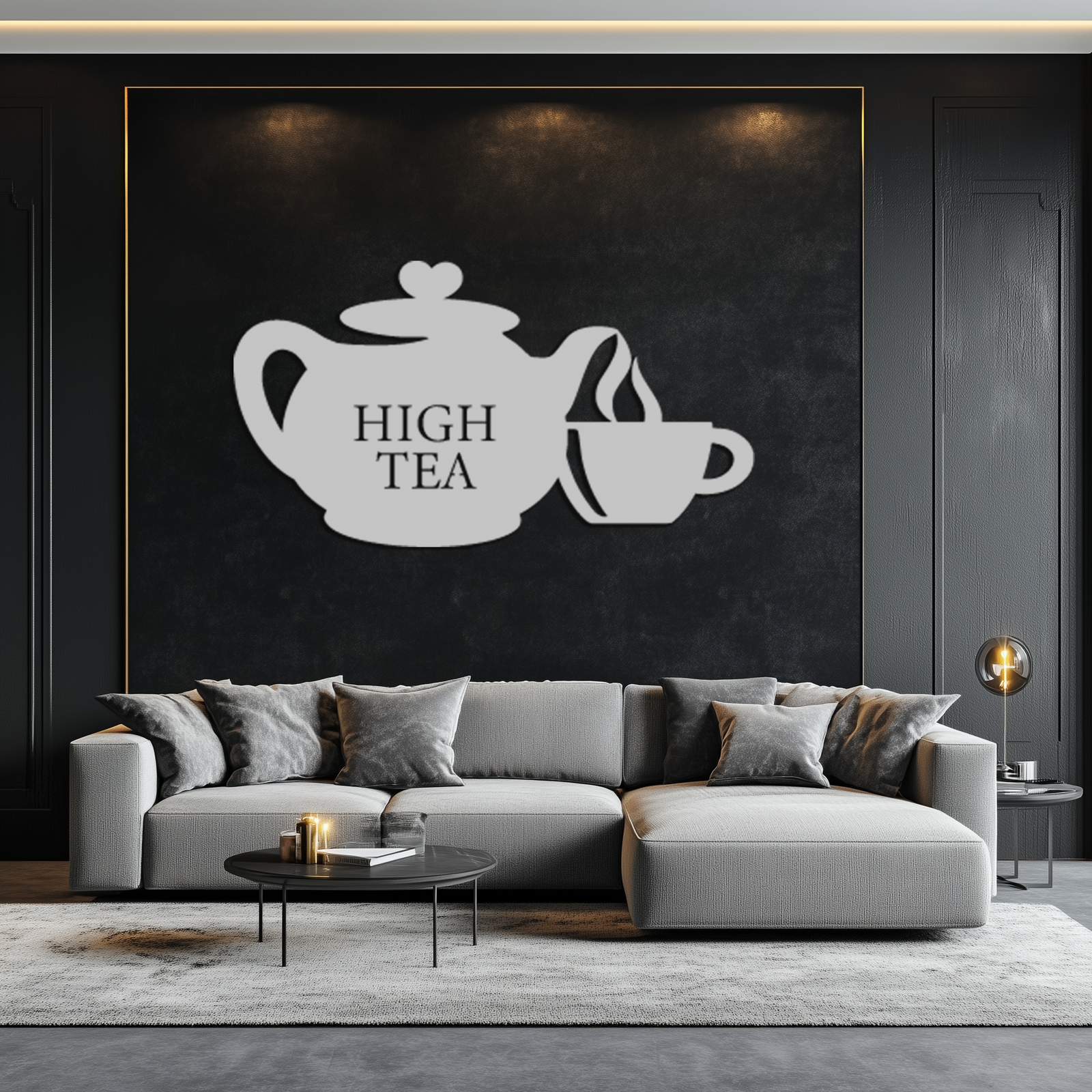 High Tea Teapot &amp; Cup Metal Duvar Sanatı – Mutfak, Kafe ve Yemek Alanları için Zarif Siyah Çelik Çay Saati Dekoru - KAF440