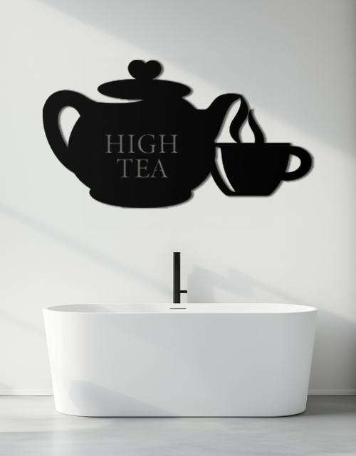 Resmi Galeri görüntüleyicisine yükleyin, High Tea Teapot &amp; Cup Metal Duvar Sanatı – Mutfak, Kafe ve Yemek Alanları için Zarif Siyah Çelik Çay Saati Dekoru - KAF440
