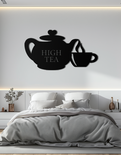 Resmi Galeri görüntüleyicisine yükleyin, High Tea Teapot &amp; Cup Metal Duvar Sanatı – Mutfak, Kafe ve Yemek Alanları için Zarif Siyah Çelik Çay Saati Dekoru - KAF440
