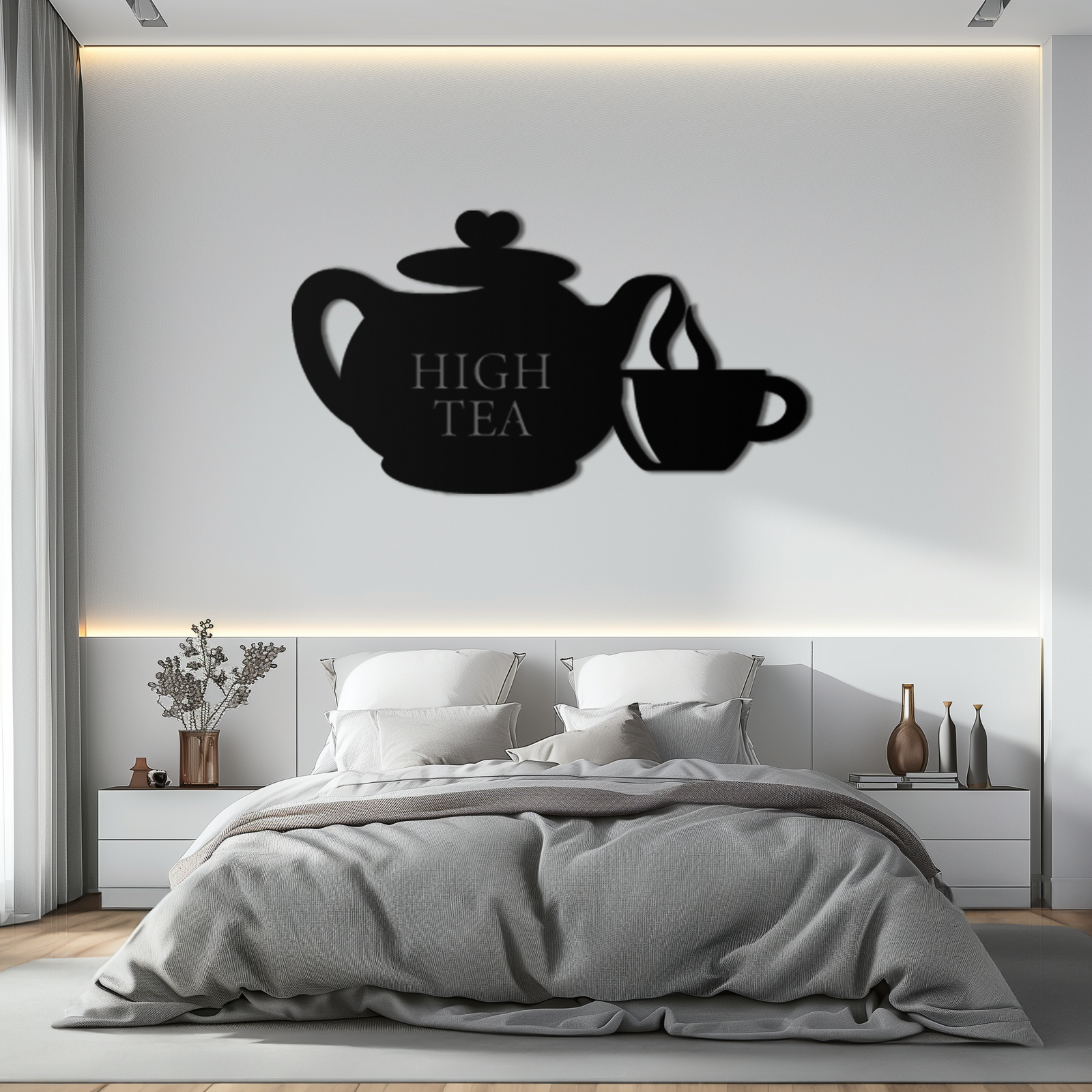 High Tea Teapot &amp; Cup Metal Duvar Sanatı – Mutfak, Kafe ve Yemek Alanları için Zarif Siyah Çelik Çay Saati Dekoru - KAF440