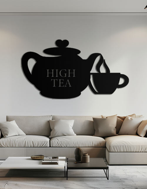 Resmi Galeri görüntüleyicisine yükleyin, High Tea Teapot &amp; Cup Metal Duvar Sanatı – Mutfak, Kafe ve Yemek Alanları için Zarif Siyah Çelik Çay Saati Dekoru - KAF440
