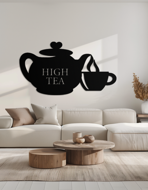 Resmi Galeri görüntüleyicisine yükleyin, High Tea Teapot &amp; Cup Metal Duvar Sanatı – Mutfak, Kafe ve Yemek Alanları için Zarif Siyah Çelik Çay Saati Dekoru - KAF440
