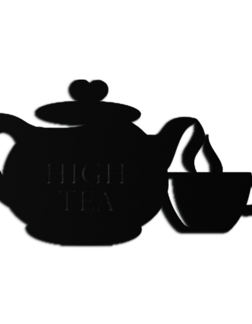 Resmi Galeri görüntüleyicisine yükleyin, High Tea Teapot &amp; Cup Metal Duvar Sanatı – Mutfak, Kafe ve Yemek Alanları için Zarif Siyah Çelik Çay Saati Dekoru - KAF440
