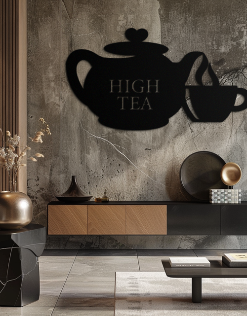 Resmi Galeri görüntüleyicisine yükleyin, High Tea Teapot &amp; Cup Metal Duvar Sanatı – Mutfak, Kafe ve Yemek Alanları için Zarif Siyah Çelik Çay Saati Dekoru - KAF440
