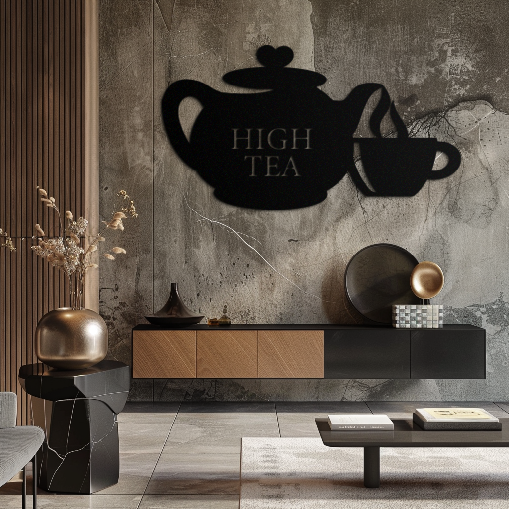 High Tea Teapot &amp; Cup Metal Duvar Sanatı – Mutfak, Kafe ve Yemek Alanları için Zarif Siyah Çelik Çay Saati Dekoru - KAF440