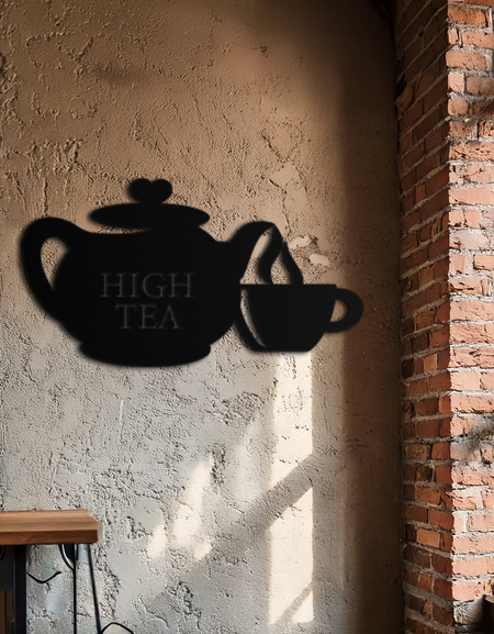 High Tea Teapot &amp; Cup Metal Duvar Sanatı – Mutfak, Kafe ve Yemek Alanları için Zarif Siyah Çelik Çay Saati Dekoru - KAF440