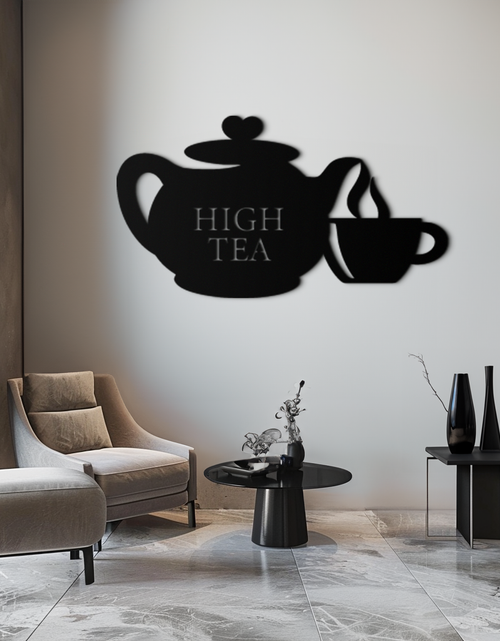Resmi Galeri görüntüleyicisine yükleyin, High Tea Teapot &amp; Cup Metal Duvar Sanatı – Mutfak, Kafe ve Yemek Alanları için Zarif Siyah Çelik Çay Saati Dekoru - KAF440
