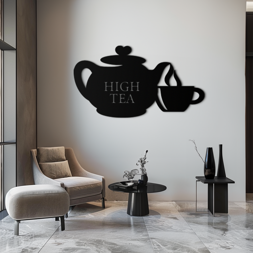 High Tea Teapot &amp; Cup Metal Duvar Sanatı – Mutfak, Kafe ve Yemek Alanları için Zarif Siyah Çelik Çay Saati Dekoru - KAF440