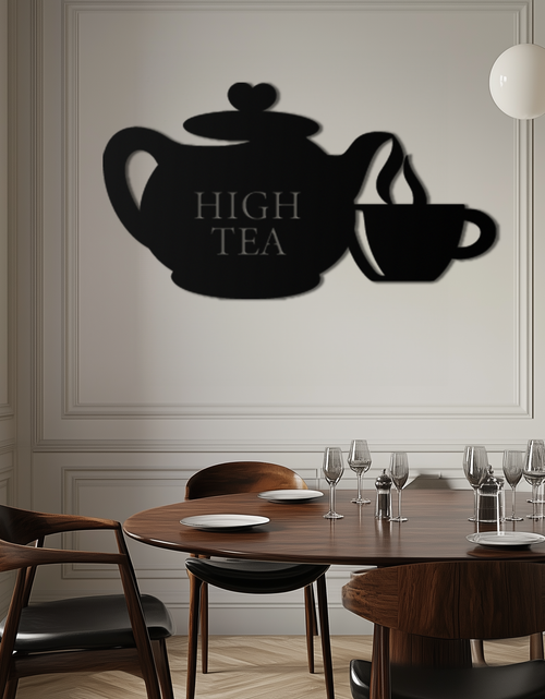 Resmi Galeri görüntüleyicisine yükleyin, High Tea Teapot &amp; Cup Metal Duvar Sanatı – Mutfak, Kafe ve Yemek Alanları için Zarif Siyah Çelik Çay Saati Dekoru - KAF440
