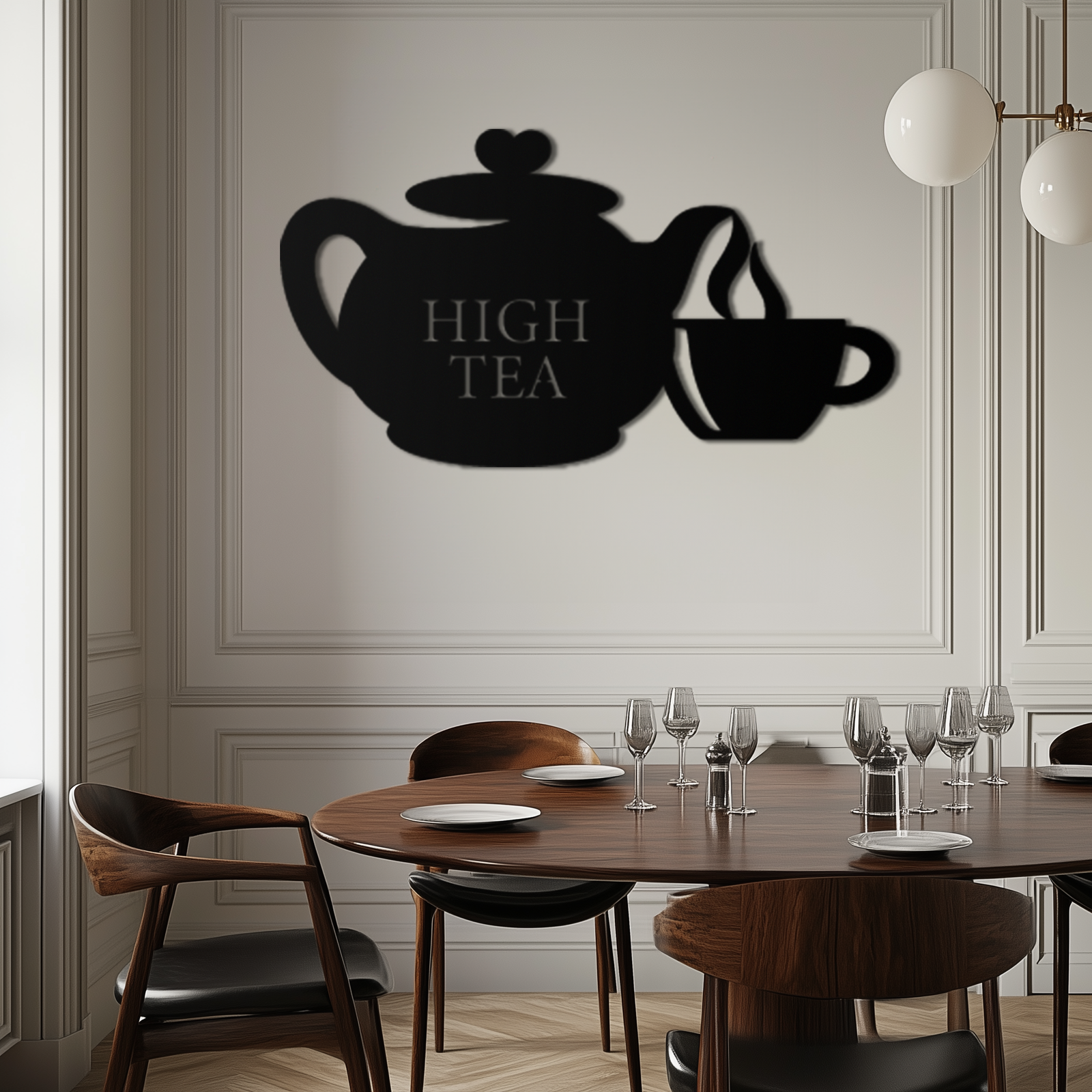 High Tea Teapot &amp; Cup Metal Duvar Sanatı – Mutfak, Kafe ve Yemek Alanları için Zarif Siyah Çelik Çay Saati Dekoru - KAF440