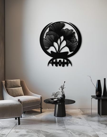 Ginkgo Leaves Abstract Metal Wall Art – Elegant Nature-Inspired Black Steel Decor for Modern Home Interiors- KAF441