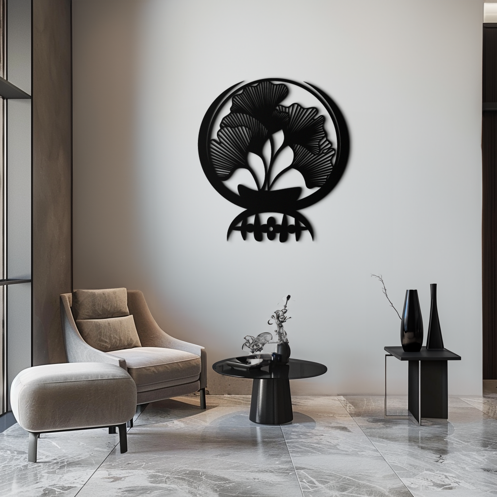 Ginkgo Leaves Abstract Metal Wall Art – Elegant Nature-Inspired Black Steel Decor for Modern Home Interiors- KAF441