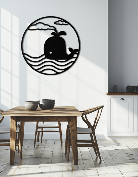 Cute Whale Ocean Scene Metal Wall Art – Playful Circular Black Steel Decor for Kids Rooms, Nurseries, and Coastal Interiors- KAF443