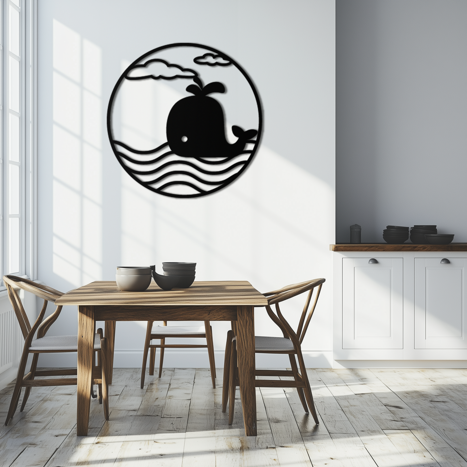 Cute Whale Ocean Scene Metal Wall Art – Playful Circular Black Steel Decor for Kids Rooms, Nurseries, and Coastal Interiors- KAF443