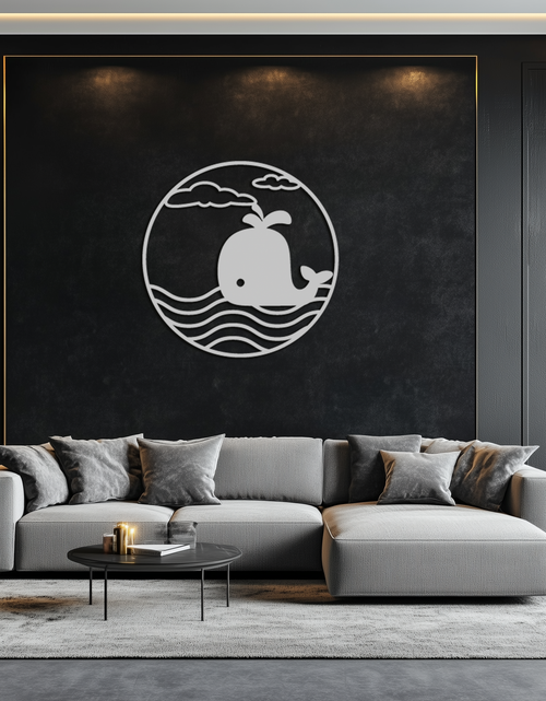 Load image into Gallery viewer, Cute Whale Ocean Scene Metal Wall Art – Playful Circular Black Steel Decor for Kids Rooms, Nurseries, and Coastal Interiors- KAF443
