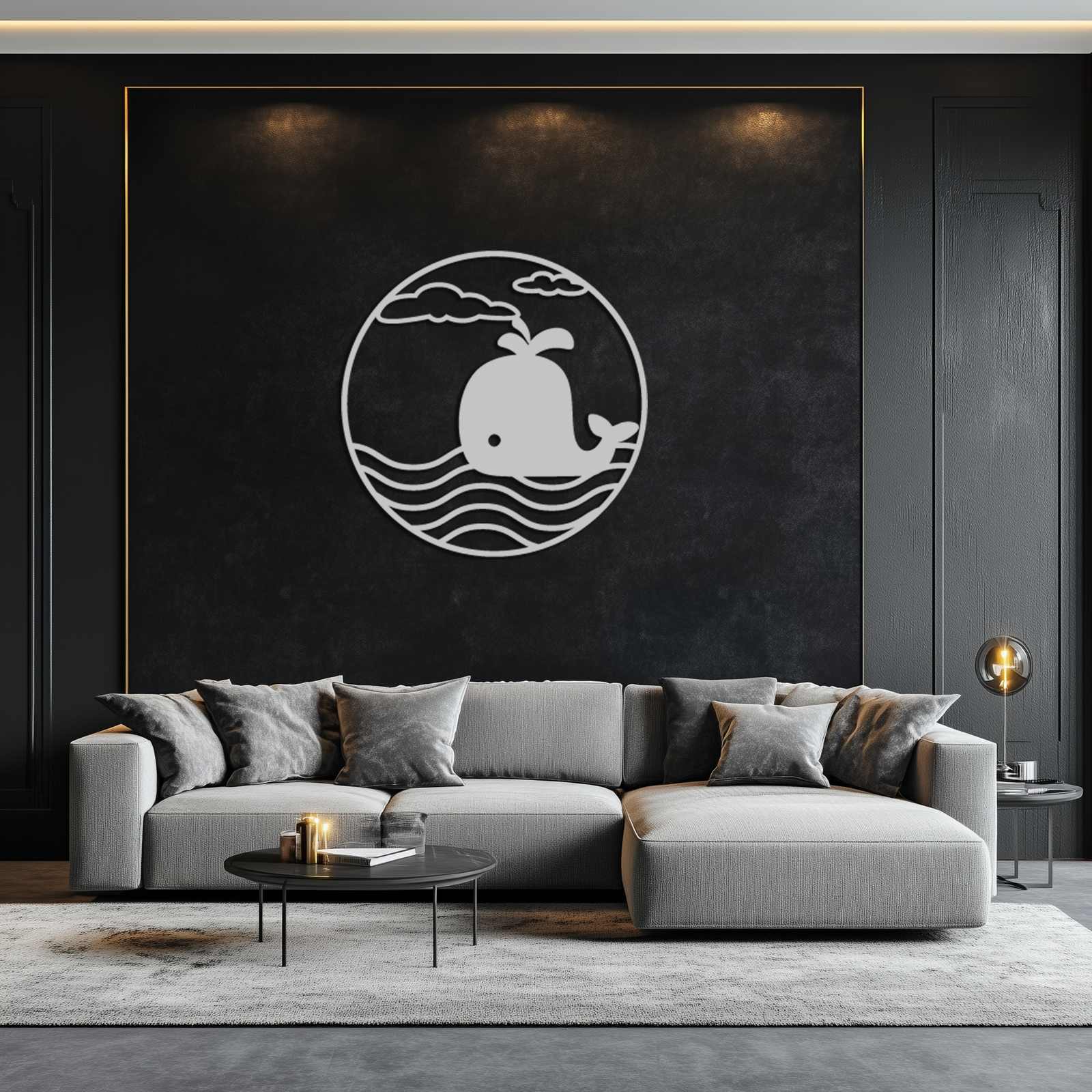 Cute Whale Ocean Scene Metal Wall Art – Playful Circular Black Steel Decor for Kids Rooms, Nurseries, and Coastal Interiors- KAF443