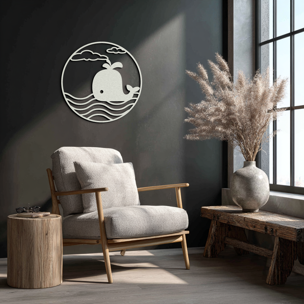 Cute Whale Ocean Scene Metal Wall Art – Playful Circular Black Steel Decor for Kids Rooms, Nurseries, and Coastal Interiors- KAF443
