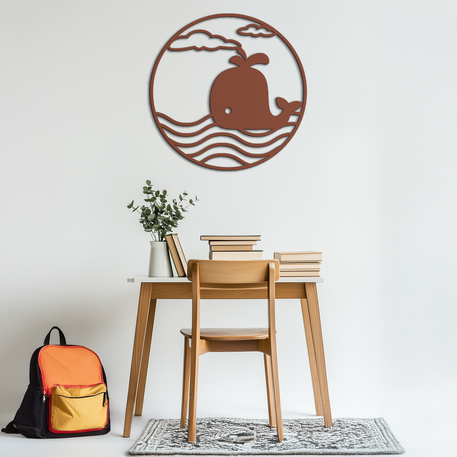 Cute Whale Ocean Scene Metal Wall Art – Playful Circular Black Steel Decor for Kids Rooms, Nurseries, and Coastal Interiors- KAF443