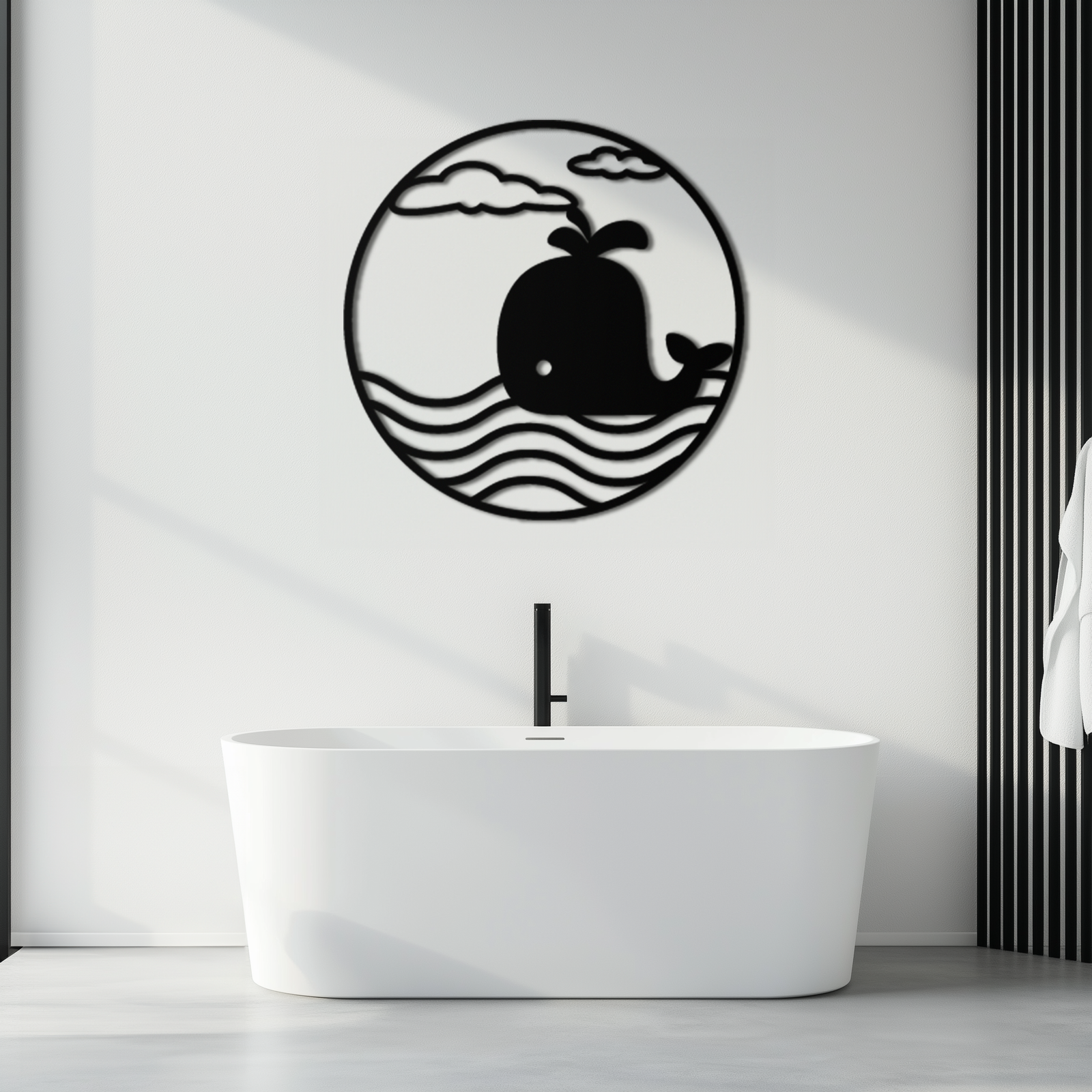 Cute Whale Ocean Scene Metal Wall Art – Playful Circular Black Steel Decor for Kids Rooms, Nurseries, and Coastal Interiors- KAF443