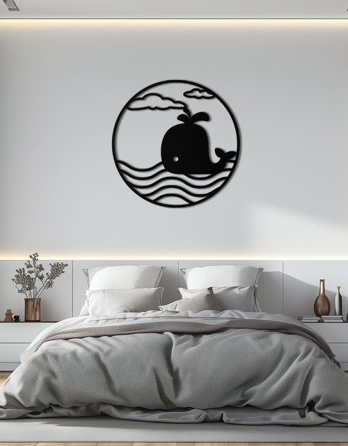 Load image into Gallery viewer, Cute Whale Ocean Scene Metal Wall Art – Playful Circular Black Steel Decor for Kids Rooms, Nurseries, and Coastal Interiors- KAF443
