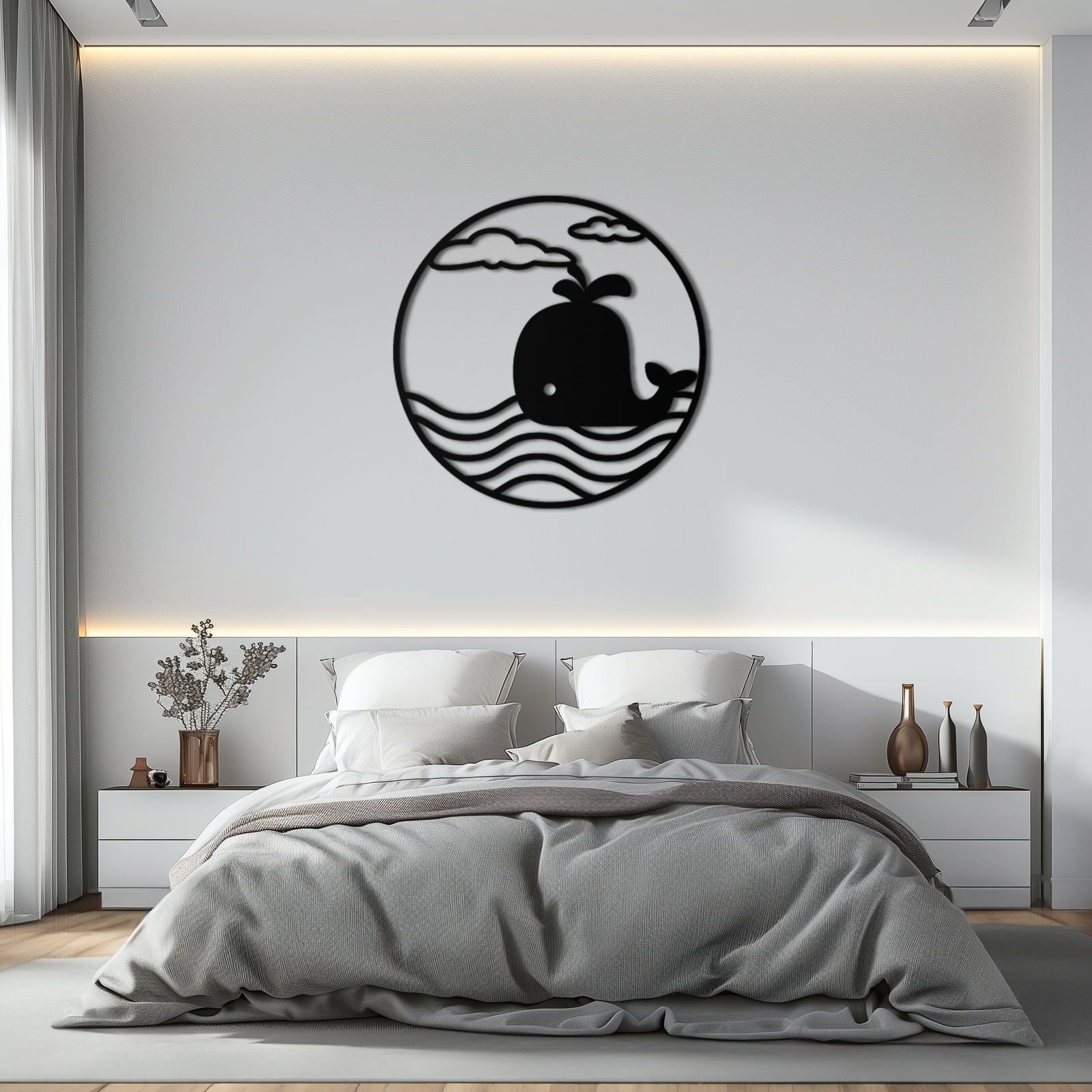 Cute Whale Ocean Scene Metal Wall Art – Playful Circular Black Steel Decor for Kids Rooms, Nurseries, and Coastal Interiors- KAF443