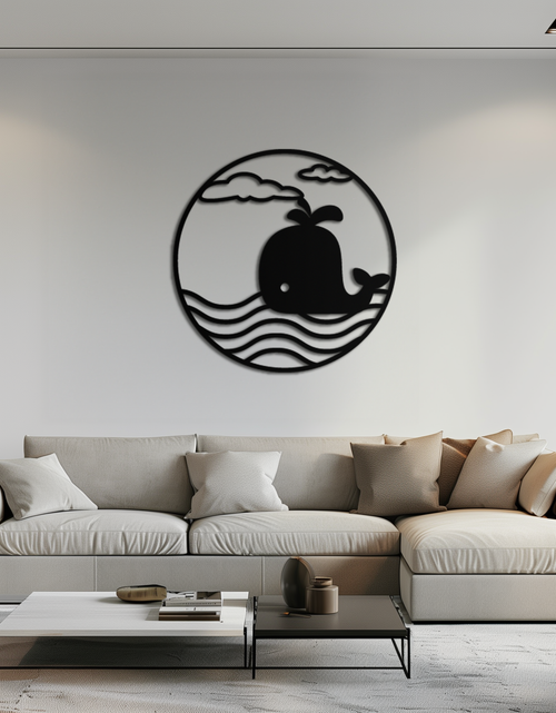 Load image into Gallery viewer, Cute Whale Ocean Scene Metal Wall Art – Playful Circular Black Steel Decor for Kids Rooms, Nurseries, and Coastal Interiors- KAF443

