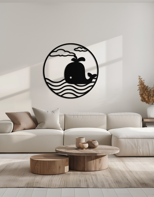 Load image into Gallery viewer, Cute Whale Ocean Scene Metal Wall Art – Playful Circular Black Steel Decor for Kids Rooms, Nurseries, and Coastal Interiors- KAF443
