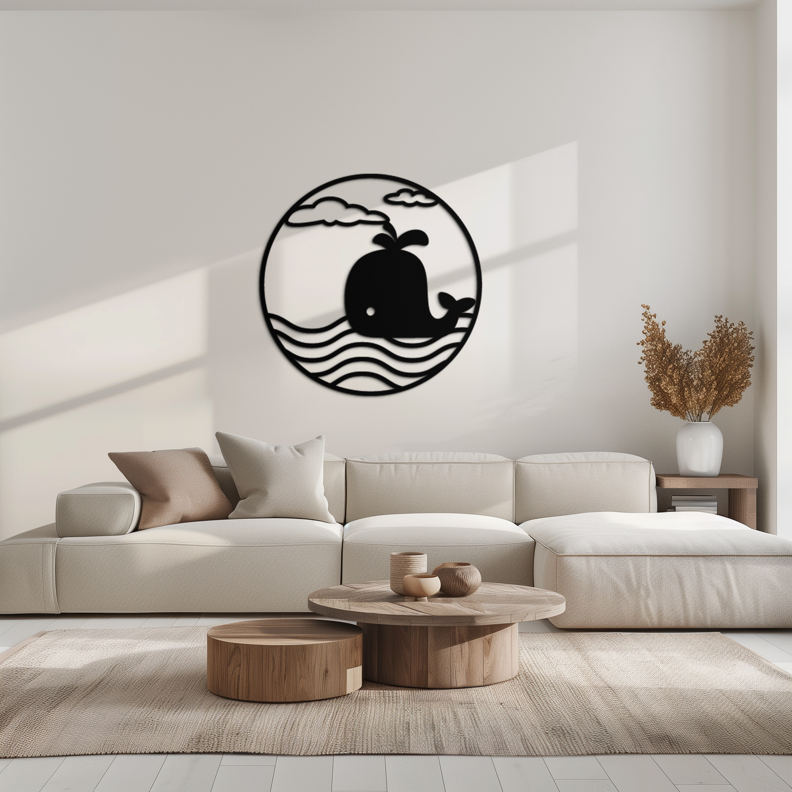 Cute Whale Ocean Scene Metal Wall Art – Playful Circular Black Steel Decor for Kids Rooms, Nurseries, and Coastal Interiors- KAF443