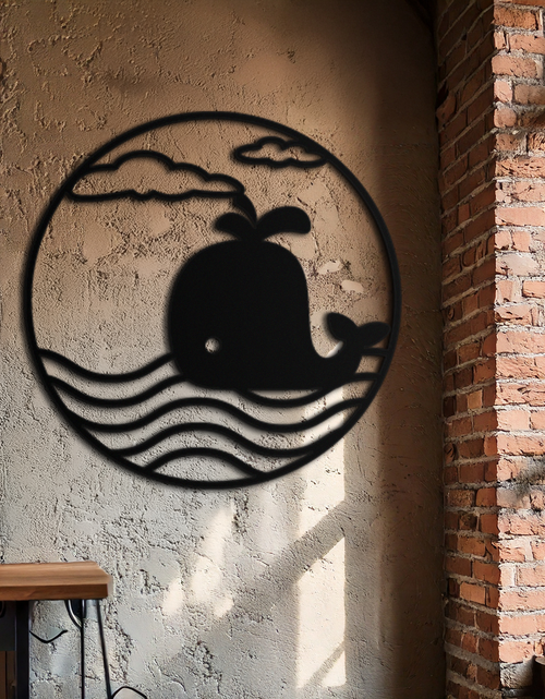Load image into Gallery viewer, Cute Whale Ocean Scene Metal Wall Art – Playful Circular Black Steel Decor for Kids Rooms, Nurseries, and Coastal Interiors- KAF443
