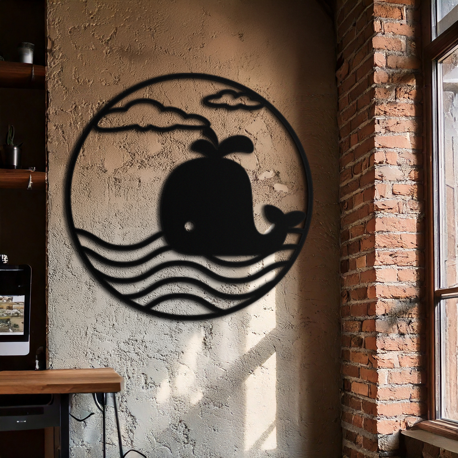Cute Whale Ocean Scene Metal Wall Art – Playful Circular Black Steel Decor for Kids Rooms, Nurseries, and Coastal Interiors- KAF443