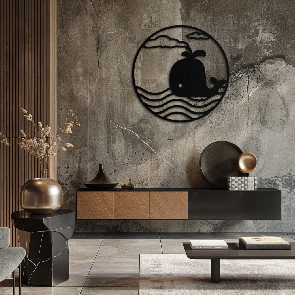 Cute Whale Ocean Scene Metal Wall Art – Playful Circular Black Steel Decor for Kids Rooms, Nurseries, and Coastal Interiors- KAF443