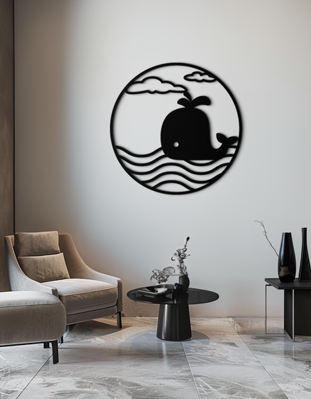 Cute Whale Ocean Scene Metal Wall Art – Playful Circular Black Steel Decor for Kids Rooms, Nurseries, and Coastal Interiors- KAF443